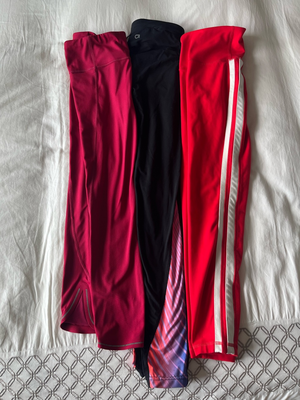Athleta& Gap Fit 3-Pack Performance Leggings in Magenta, Black, and Red